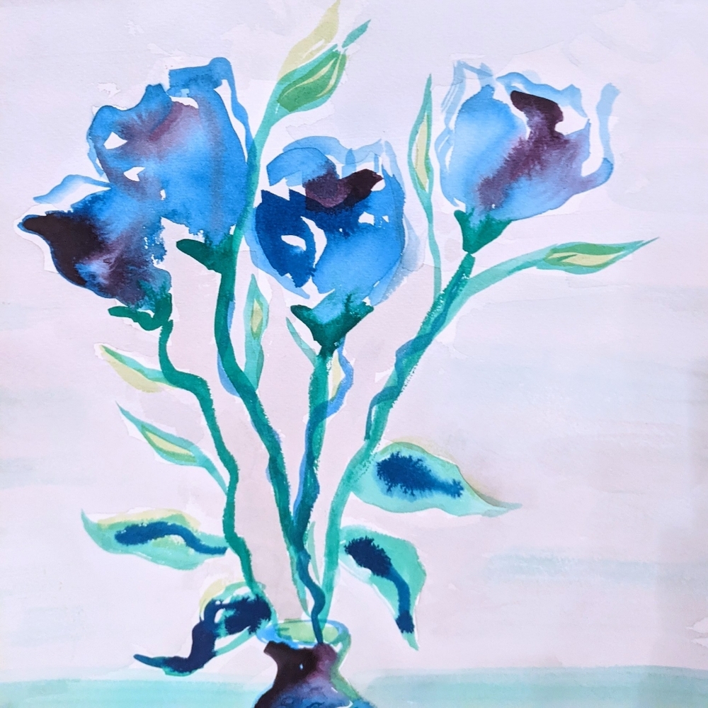Original Signed Watercolor Painting Blue Roses - Picture 4 of 13